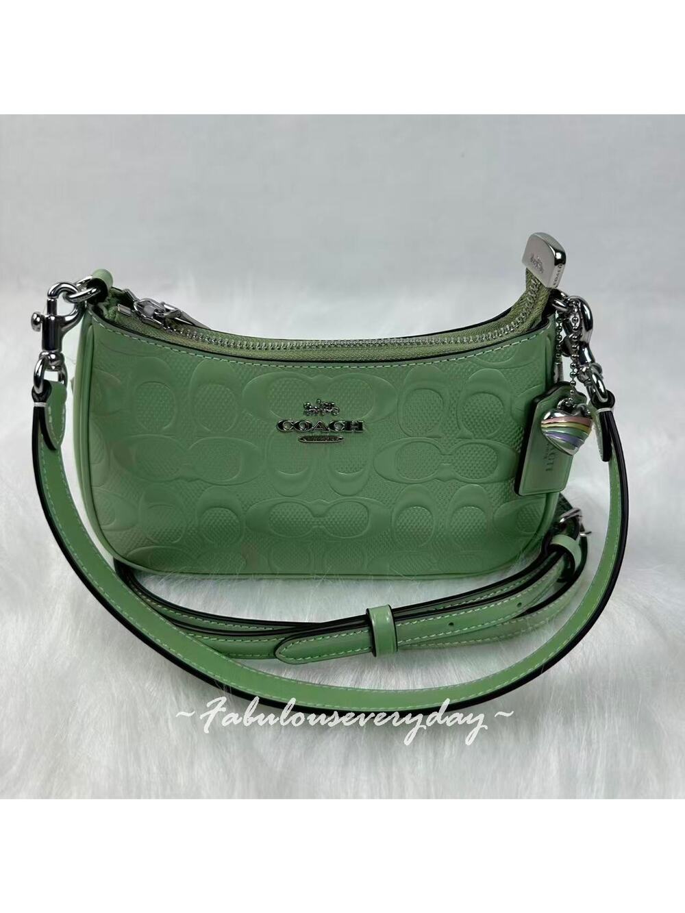 Coach Teri Mini Crossbody Bag Signature Leather Heart Charm Pale Green CCZ29 NWT - Picture 1 of 8